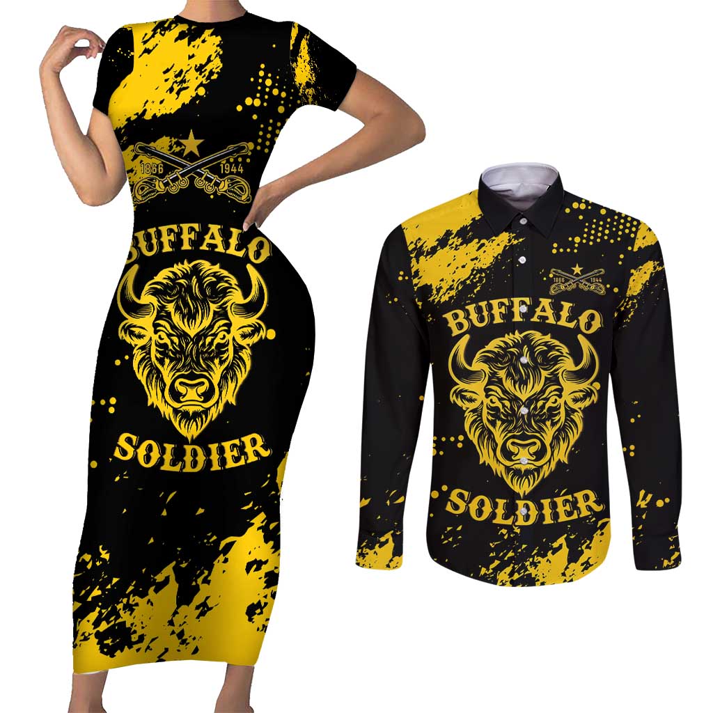 Personalized Bison Buffalo Soldiers Couples Matching Short Sleeve Bodycon Dress and Long Sleeve Button Shirt American Heroes - Black Grunge Style - Wonder Print Shop