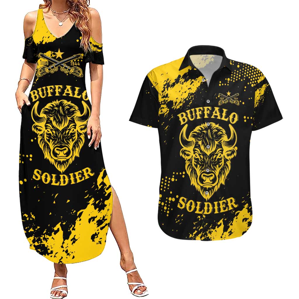 Personalized Bison Buffalo Soldiers Couples Matching Summer Maxi Dress and Hawaiian Shirt American Heroes - Black Grunge Style - Wonder Print Shop