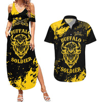Personalized Bison Buffalo Soldiers Couples Matching Summer Maxi Dress and Hawaiian Shirt American Heroes - Black Grunge Style - Wonder Print Shop