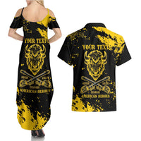 Personalized Bison Buffalo Soldiers Couples Matching Summer Maxi Dress and Hawaiian Shirt American Heroes - Black Grunge Style - Wonder Print Shop