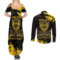 Personalized Bison Buffalo Soldiers Couples Matching Summer Maxi Dress and Long Sleeve Button Shirt American Heroes - Black Grunge Style - Wonder Print Shop