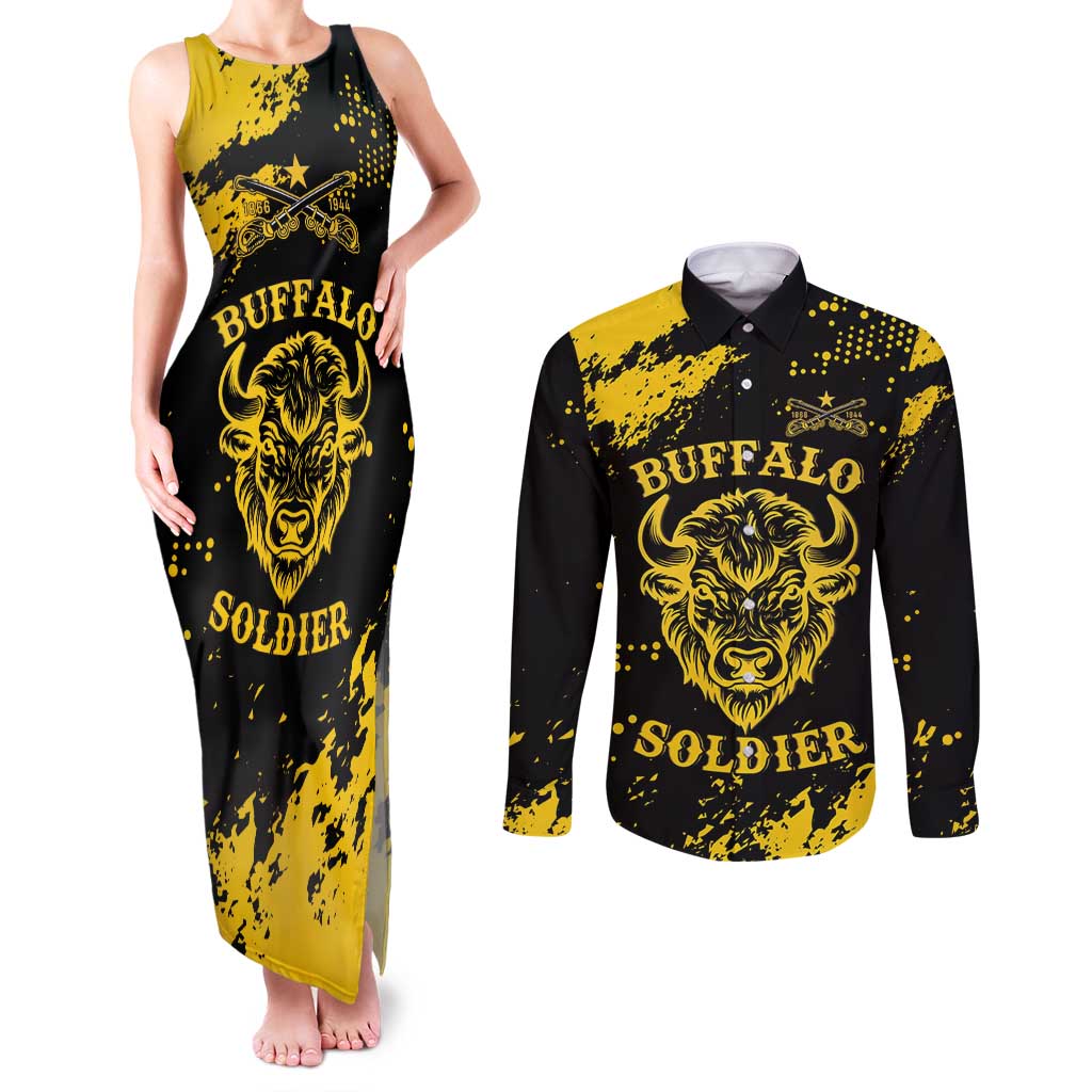 Personalized Bison Buffalo Soldiers Couples Matching Tank Maxi Dress and Long Sleeve Button Shirt American Heroes - Black Grunge Style - Wonder Print Shop