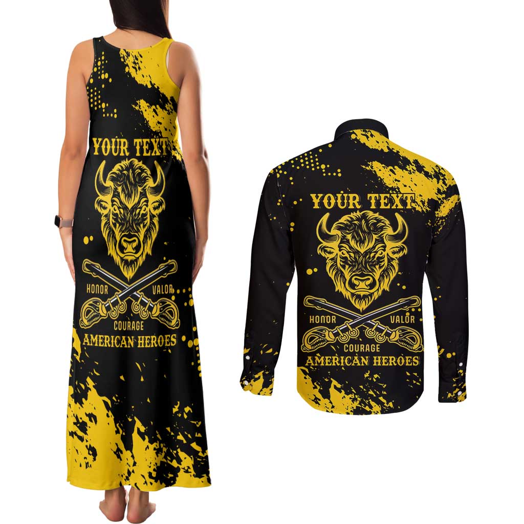 Personalized Bison Buffalo Soldiers Couples Matching Tank Maxi Dress and Long Sleeve Button Shirt American Heroes - Black Grunge Style - Wonder Print Shop