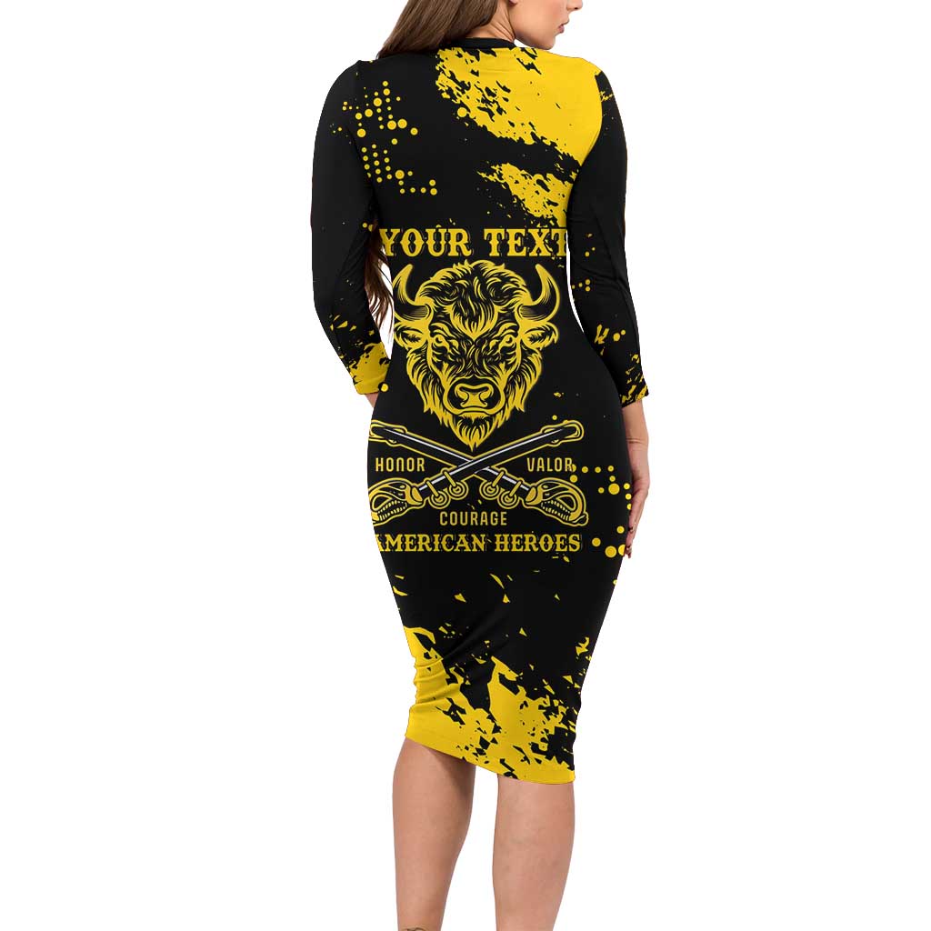 Personalized Bison Buffalo Soldiers Family Matching Long Sleeve Bodycon Dress and Hawaiian Shirt American Heroes - Black Grunge Style - Wonder Print Shop
