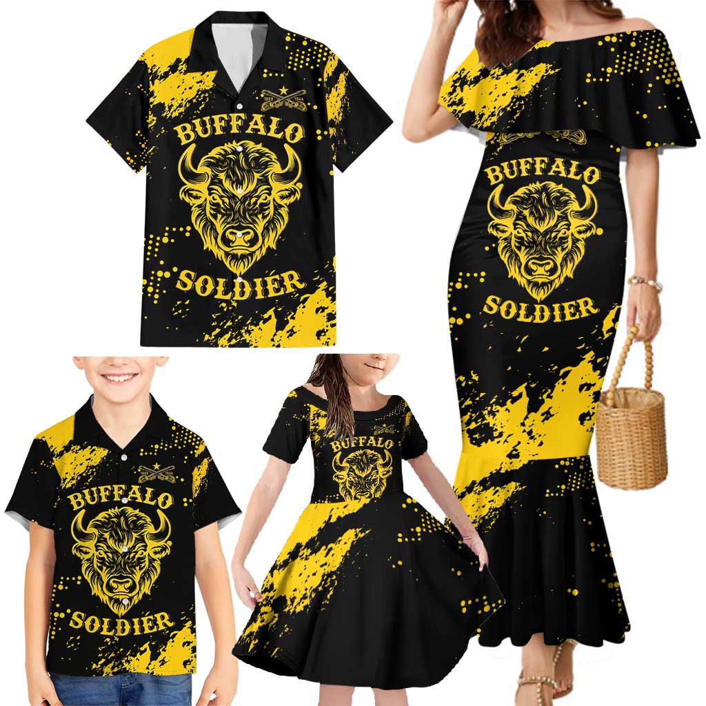 Personalized Bison Buffalo Soldiers Family Matching Mermaid Dress and Hawaiian Shirt American Heroes - Black Grunge Style - Wonder Print Shop