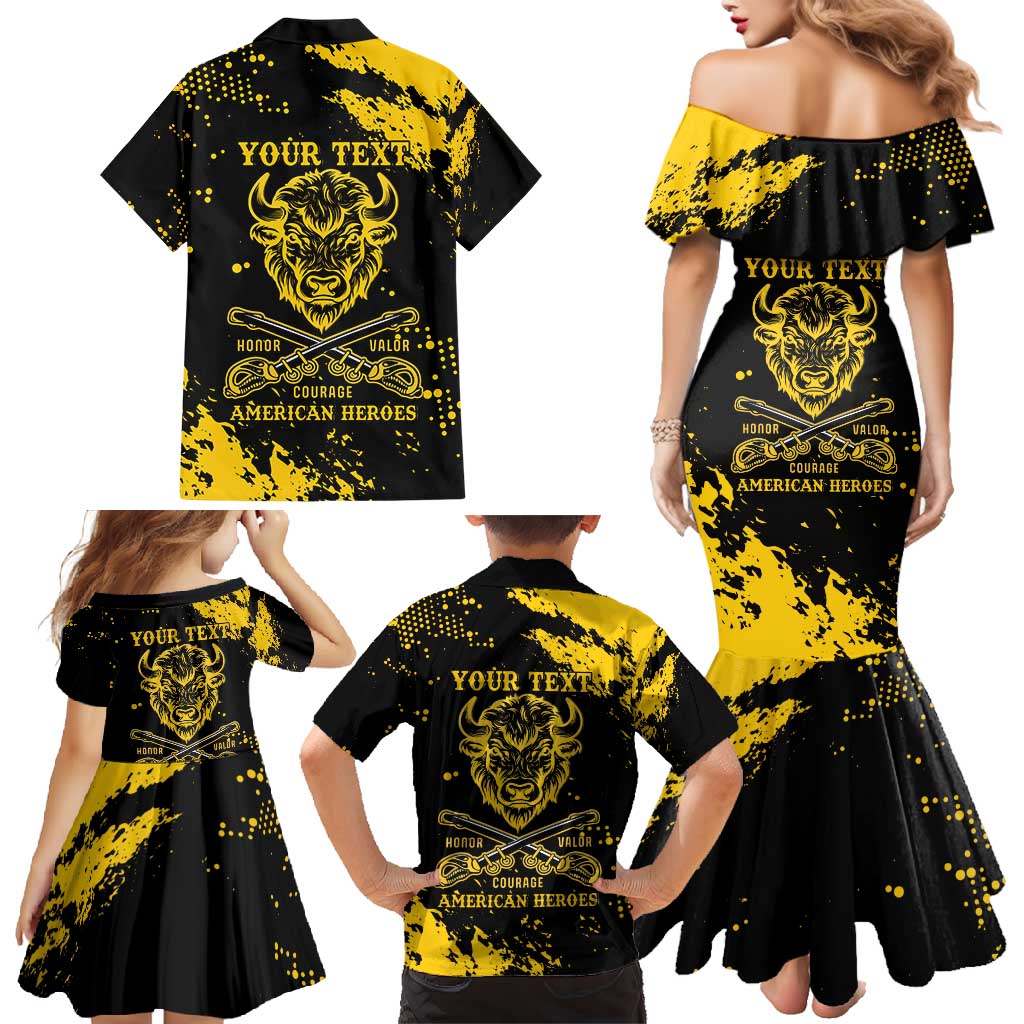 Personalized Bison Buffalo Soldiers Family Matching Mermaid Dress and Hawaiian Shirt American Heroes - Black Grunge Style - Wonder Print Shop