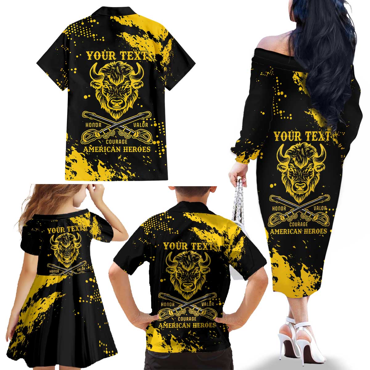 Personalized Bison Buffalo Soldiers Family Matching Off The Shoulder Long Sleeve Dress and Hawaiian Shirt American Heroes - Black Grunge Style - Wonder Print Shop