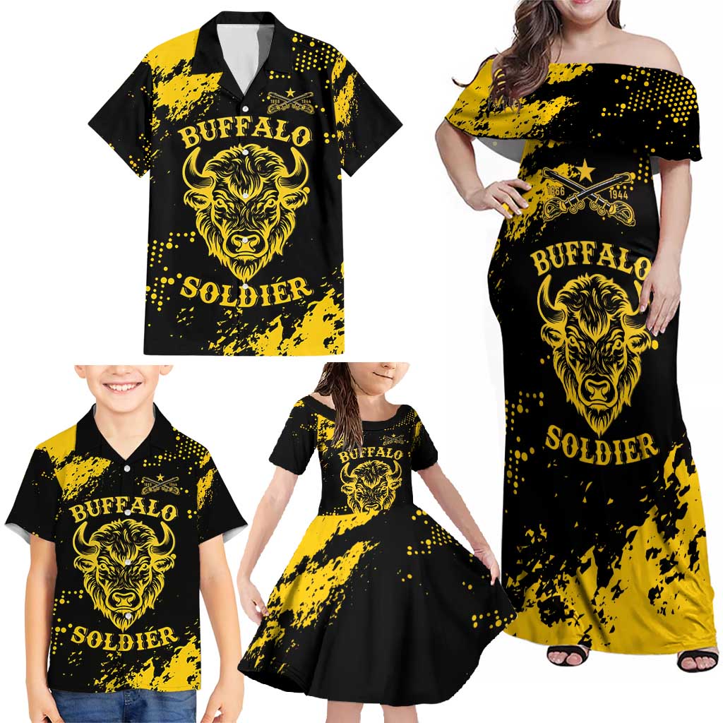 Personalized Bison Buffalo Soldiers Family Matching Off Shoulder Maxi Dress and Hawaiian Shirt American Heroes - Black Grunge Style - Wonder Print Shop