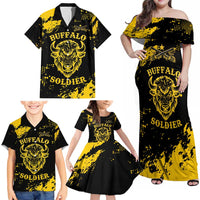 Personalized Bison Buffalo Soldiers Family Matching Off Shoulder Maxi Dress and Hawaiian Shirt American Heroes - Black Grunge Style - Wonder Print Shop