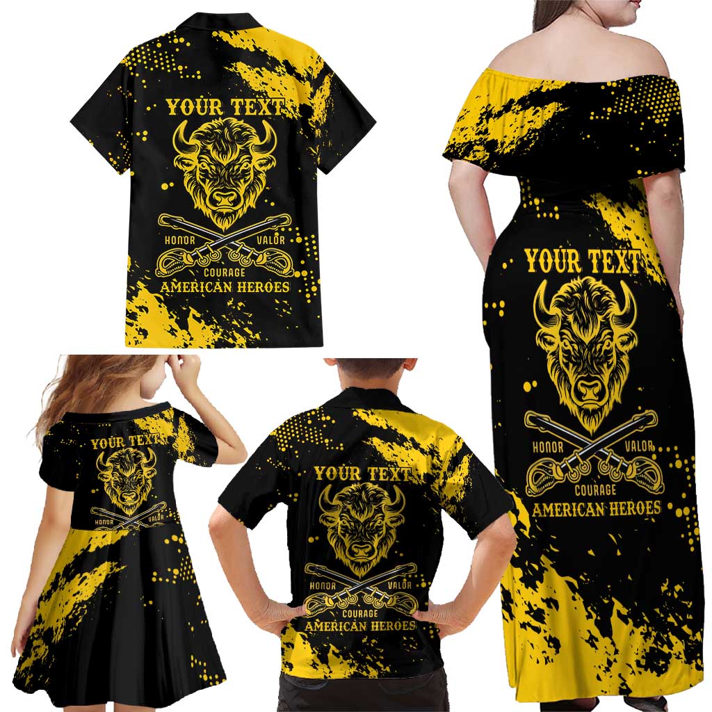 Personalized Bison Buffalo Soldiers Family Matching Off Shoulder Maxi Dress and Hawaiian Shirt American Heroes - Black Grunge Style - Wonder Print Shop