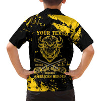 Personalized Bison Buffalo Soldiers Family Matching Off Shoulder Short Dress and Hawaiian Shirt American Heroes - Black Grunge Style - Wonder Print Shop