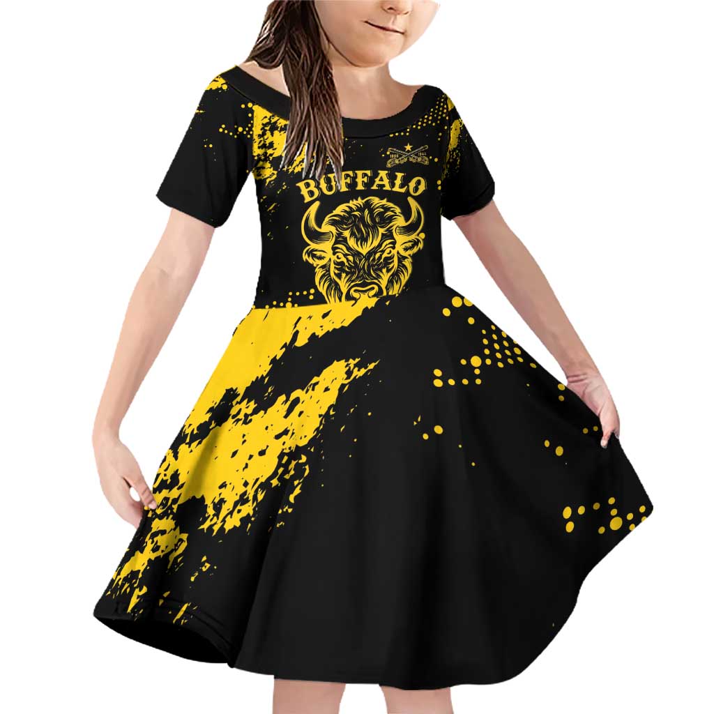 Personalized Bison Buffalo Soldiers Family Matching Off Shoulder Short Dress and Hawaiian Shirt American Heroes - Black Grunge Style - Wonder Print Shop