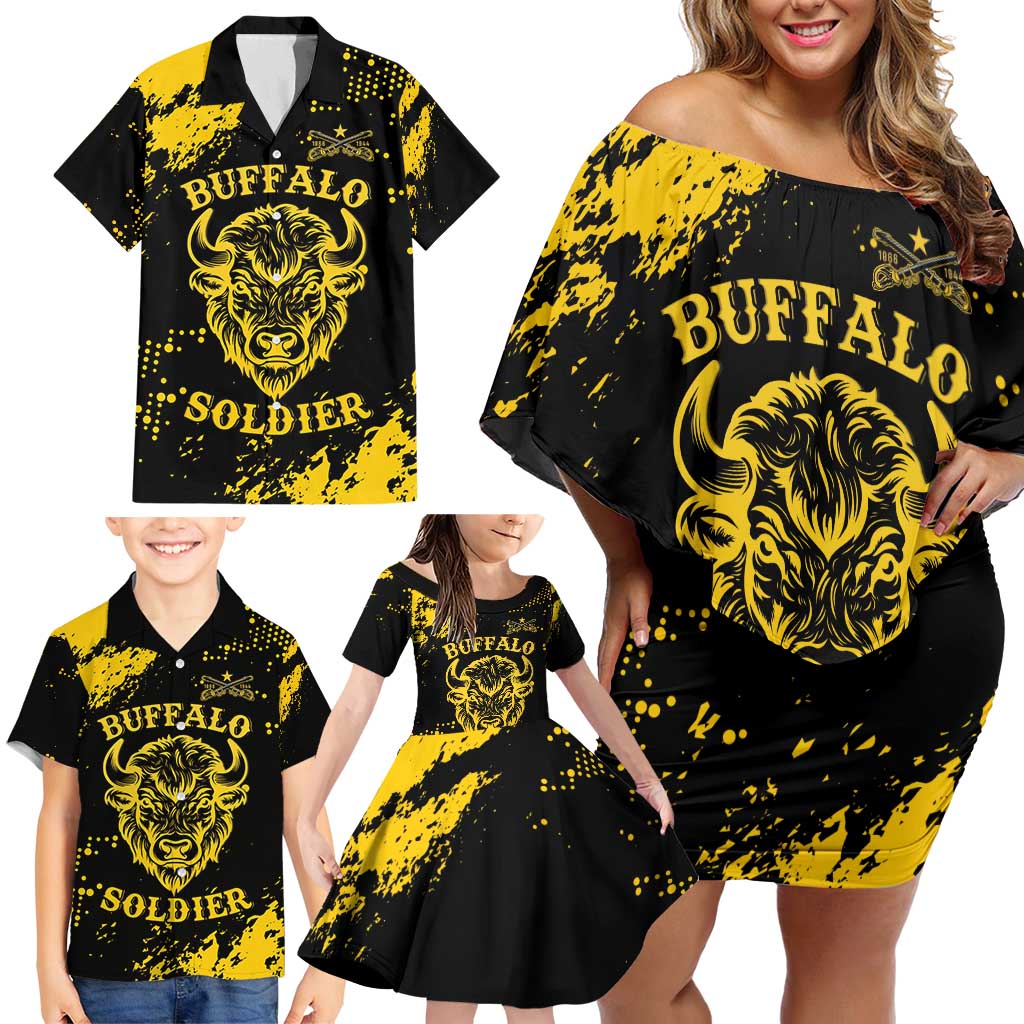 Personalized Bison Buffalo Soldiers Family Matching Off Shoulder Short Dress and Hawaiian Shirt American Heroes - Black Grunge Style - Wonder Print Shop