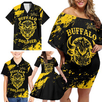 Personalized Bison Buffalo Soldiers Family Matching Off Shoulder Short Dress and Hawaiian Shirt American Heroes - Black Grunge Style - Wonder Print Shop