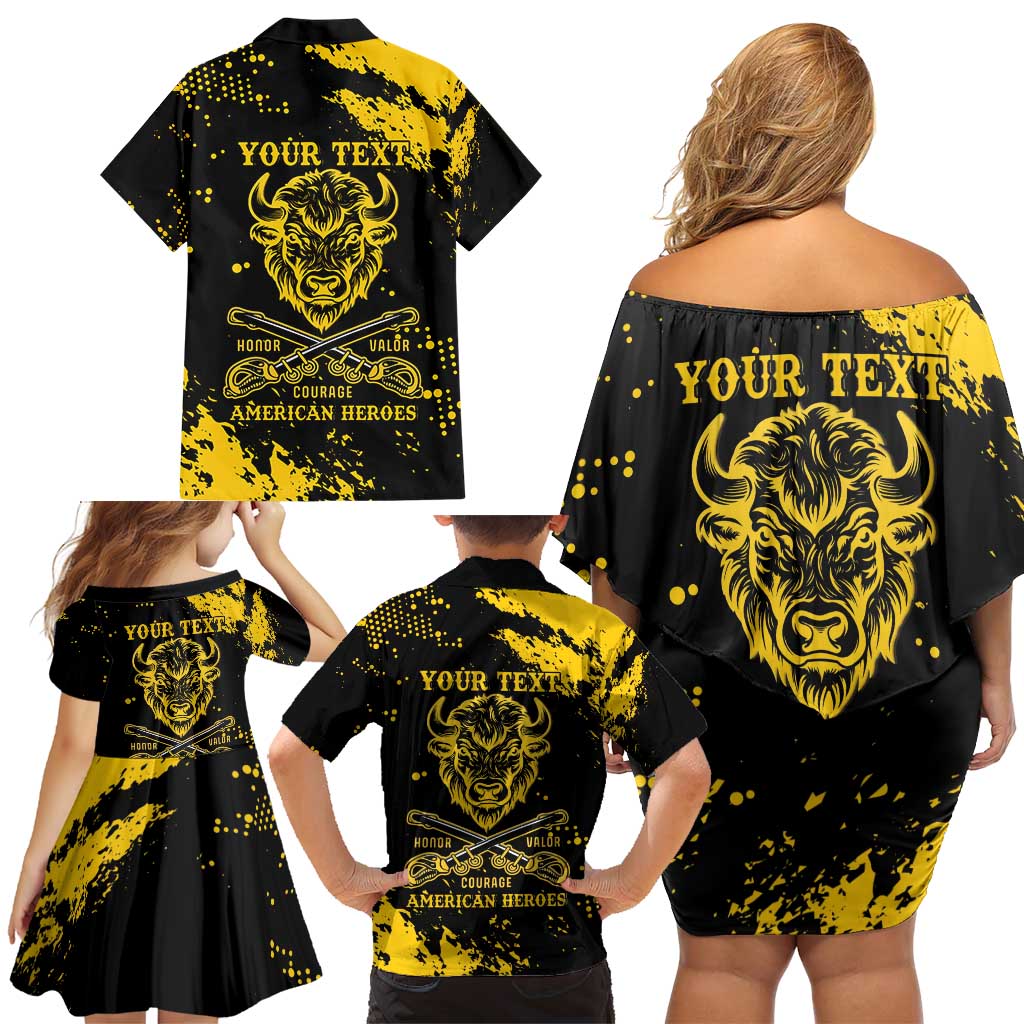 Personalized Bison Buffalo Soldiers Family Matching Off Shoulder Short Dress and Hawaiian Shirt American Heroes - Black Grunge Style - Wonder Print Shop
