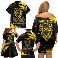 Personalized Bison Buffalo Soldiers Family Matching Off Shoulder Short Dress and Hawaiian Shirt American Heroes - Black Grunge Style - Wonder Print Shop
