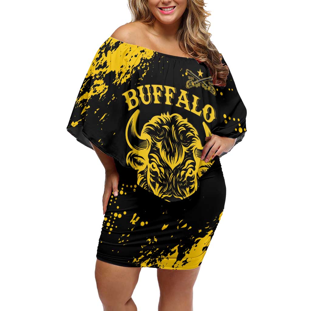 Personalized Bison Buffalo Soldiers Family Matching Off Shoulder Short Dress and Hawaiian Shirt American Heroes - Black Grunge Style - Wonder Print Shop