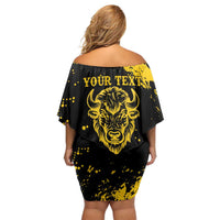 Personalized Bison Buffalo Soldiers Family Matching Off Shoulder Short Dress and Hawaiian Shirt American Heroes - Black Grunge Style - Wonder Print Shop