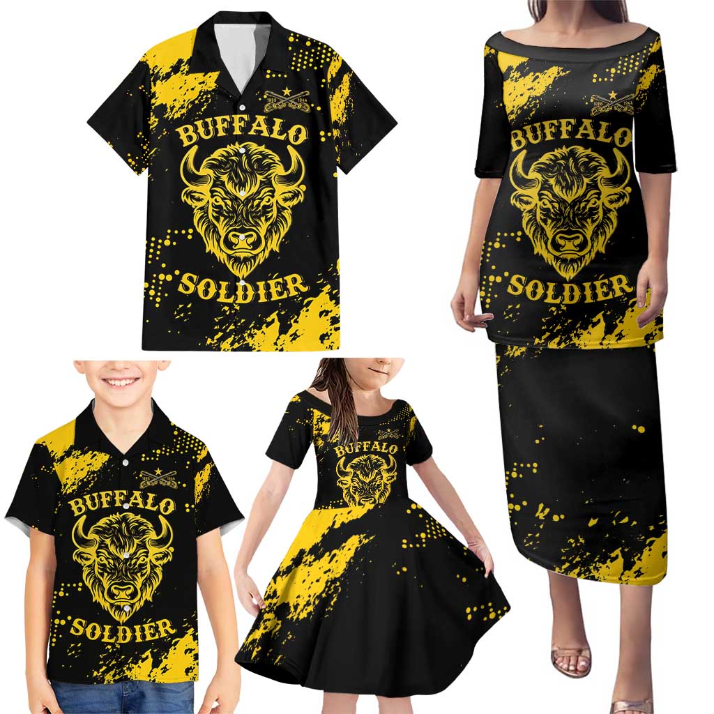 Personalized Bison Buffalo Soldiers Family Matching Puletasi and Hawaiian Shirt American Heroes - Black Grunge Style - Wonder Print Shop