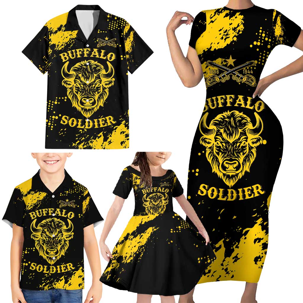Personalized Bison Buffalo Soldiers Family Matching Short Sleeve Bodycon Dress and Hawaiian Shirt American Heroes - Black Grunge Style - Wonder Print Shop