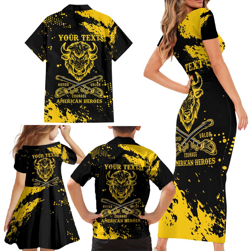 Personalized Bison Buffalo Soldiers Family Matching Short Sleeve Bodycon Dress and Hawaiian Shirt American Heroes - Black Grunge Style - Wonder Print Shop
