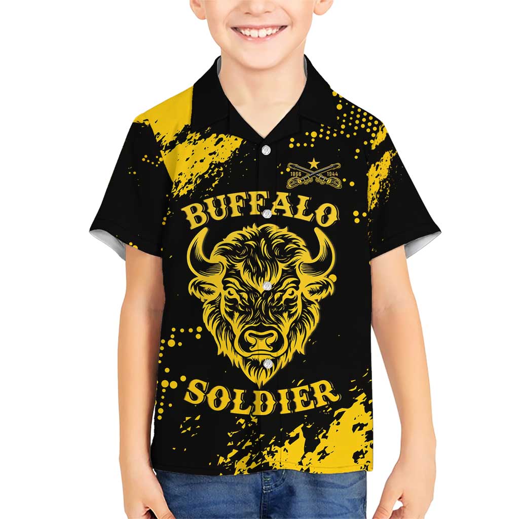 Personalized Bison Buffalo Soldiers Family Matching Short Sleeve Bodycon Dress and Hawaiian Shirt American Heroes - Black Grunge Style - Wonder Print Shop