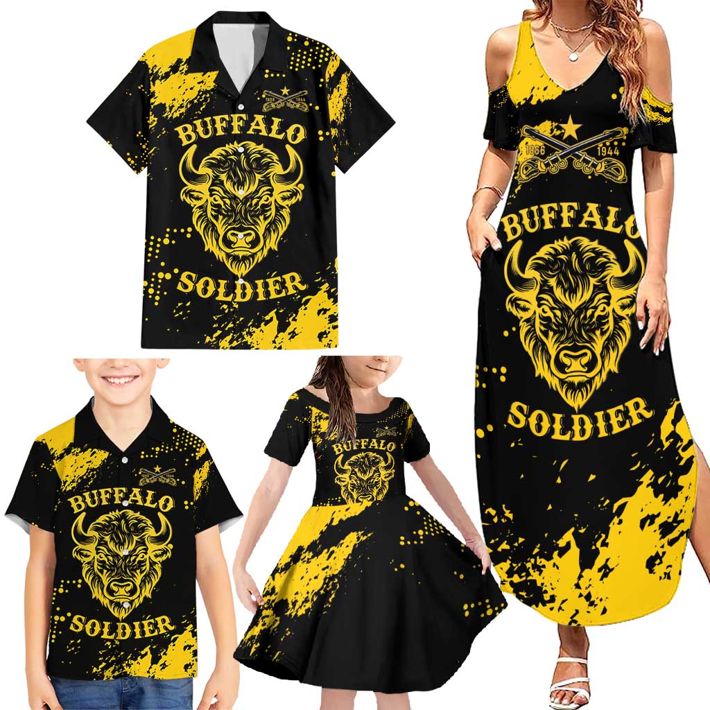 Personalized Bison Buffalo Soldiers Family Matching Summer Maxi Dress and Hawaiian Shirt American Heroes - Black Grunge Style - Wonder Print Shop
