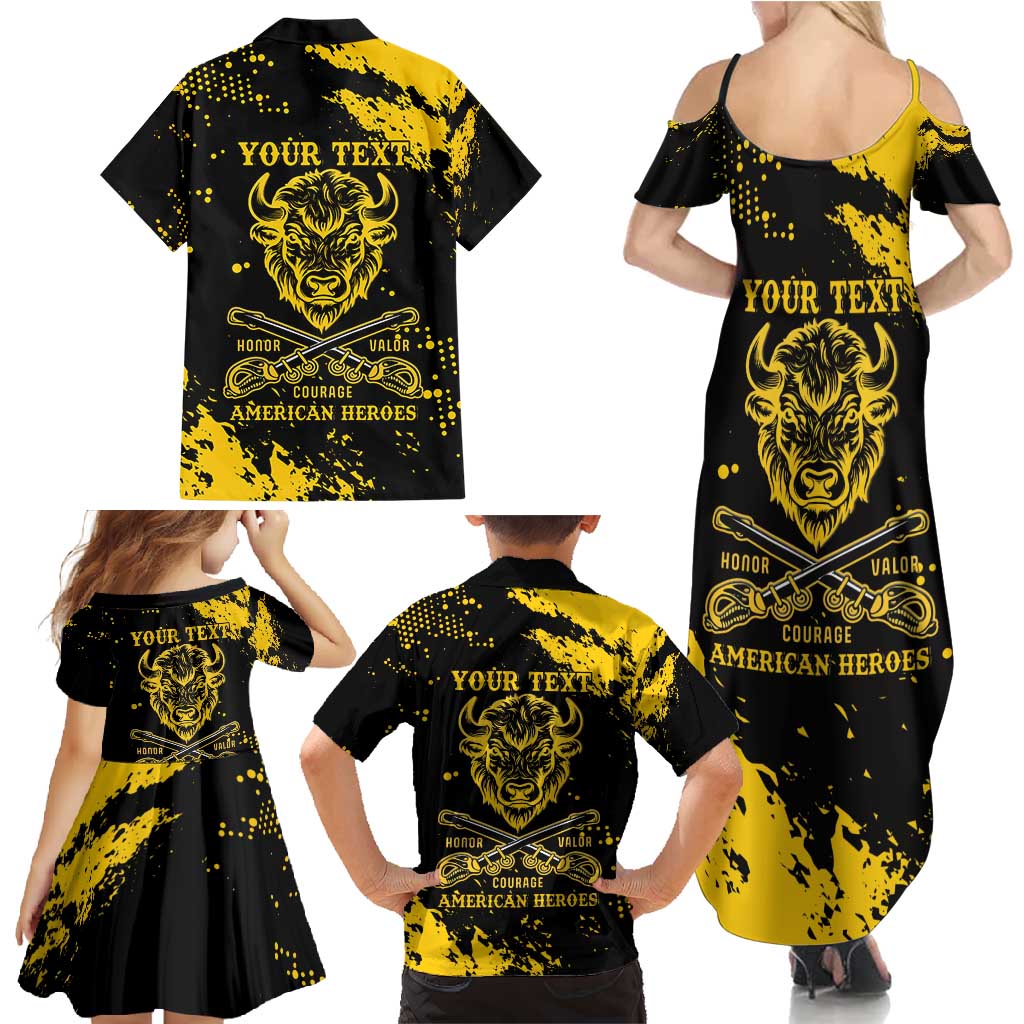 Personalized Bison Buffalo Soldiers Family Matching Summer Maxi Dress and Hawaiian Shirt American Heroes - Black Grunge Style - Wonder Print Shop
