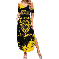 Personalized Bison Buffalo Soldiers Family Matching Summer Maxi Dress and Hawaiian Shirt American Heroes - Black Grunge Style - Wonder Print Shop