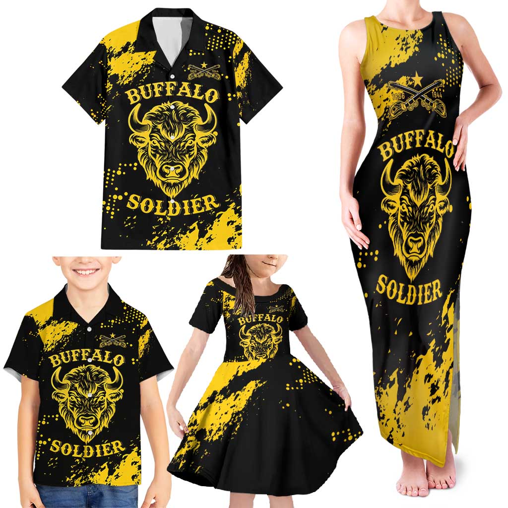 Personalized Bison Buffalo Soldiers Family Matching Tank Maxi Dress and Hawaiian Shirt American Heroes - Black Grunge Style - Wonder Print Shop