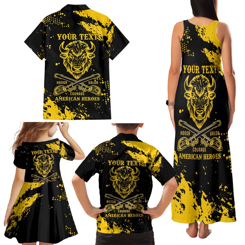 Personalized Bison Buffalo Soldiers Family Matching Tank Maxi Dress and Hawaiian Shirt American Heroes - Black Grunge Style - Wonder Print Shop