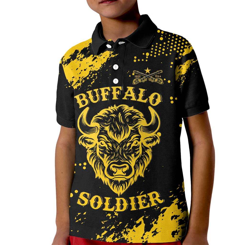 Personalized Bison Buffalo Soldiers Kid Polo Shirt American Heroes - Black Grunge Style - Wonder Print Shop