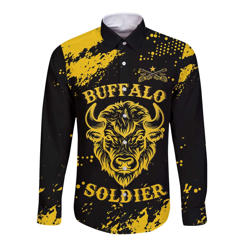 Personalized Bison Buffalo Soldiers Long Sleeve Button Shirt American Heroes - Black Grunge Style - Wonder Print Shop