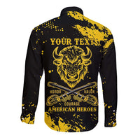 Personalized Bison Buffalo Soldiers Long Sleeve Button Shirt American Heroes - Black Grunge Style - Wonder Print Shop