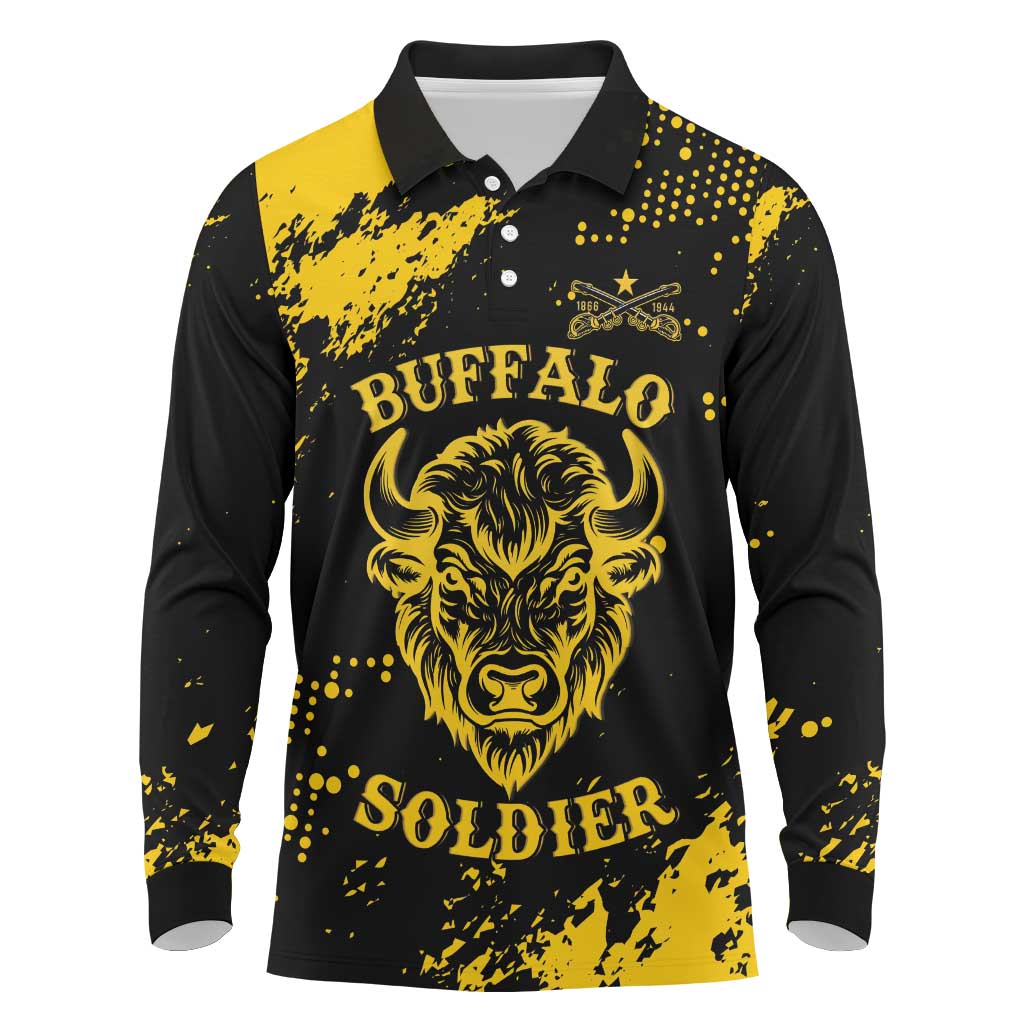 Personalized Bison Buffalo Soldiers Long Sleeve Polo Shirt American Heroes - Black Grunge Style - Wonder Print Shop
