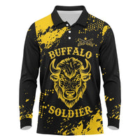 Personalized Bison Buffalo Soldiers Long Sleeve Polo Shirt American Heroes - Black Grunge Style - Wonder Print Shop