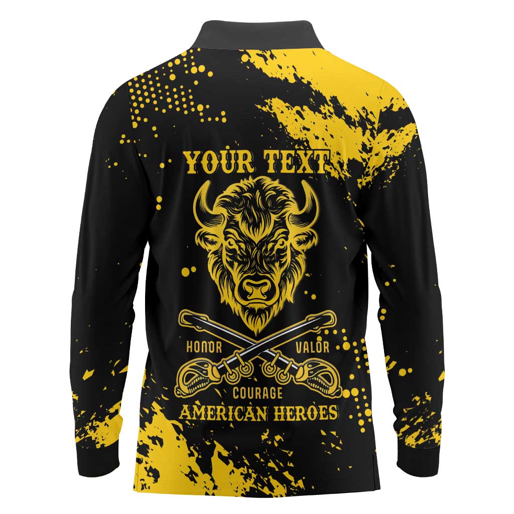 Personalized Bison Buffalo Soldiers Long Sleeve Polo Shirt American Heroes - Black Grunge Style - Wonder Print Shop