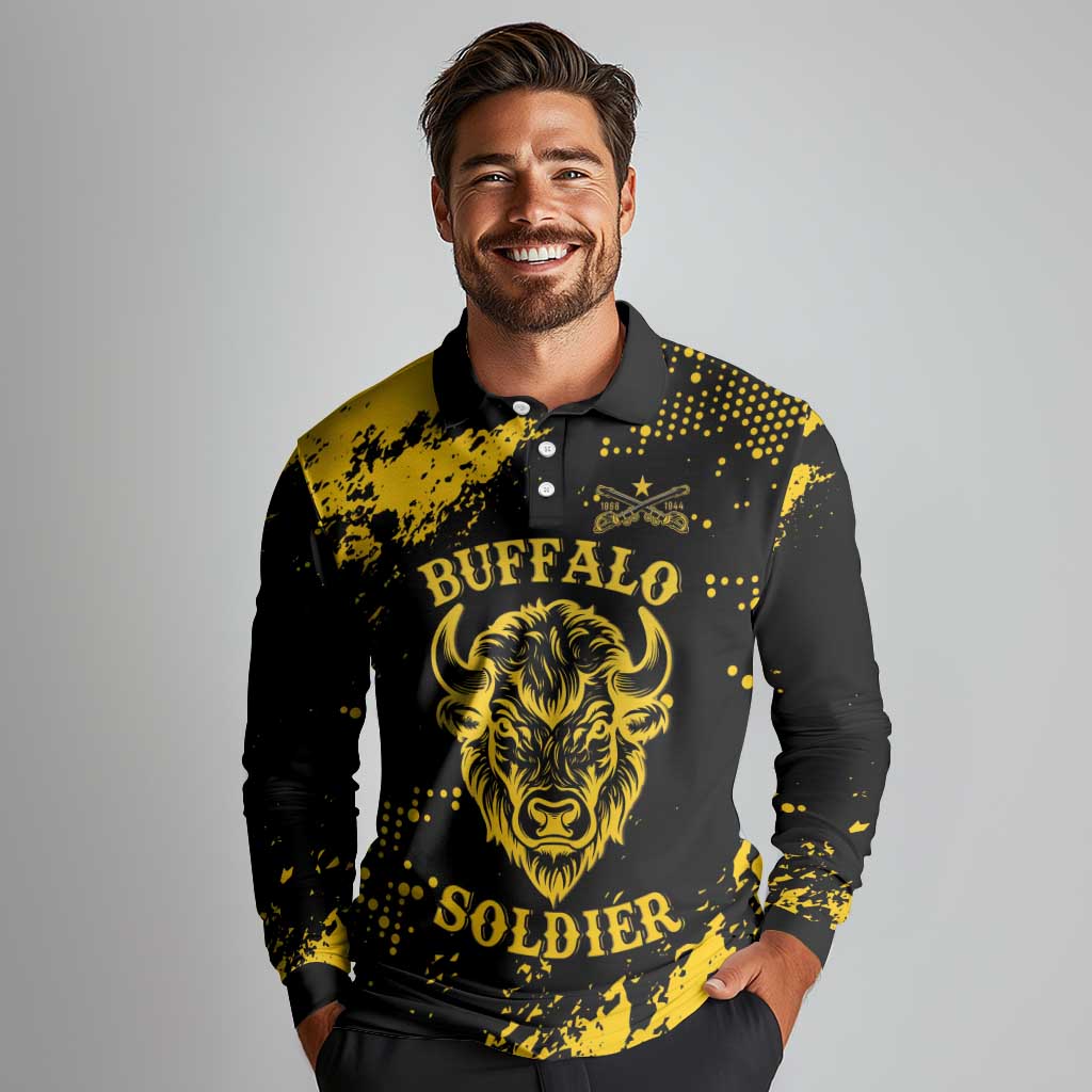 Personalized Bison Buffalo Soldiers Long Sleeve Polo Shirt American Heroes - Black Grunge Style - Wonder Print Shop
