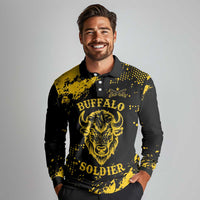 Personalized Bison Buffalo Soldiers Long Sleeve Polo Shirt American Heroes - Black Grunge Style - Wonder Print Shop