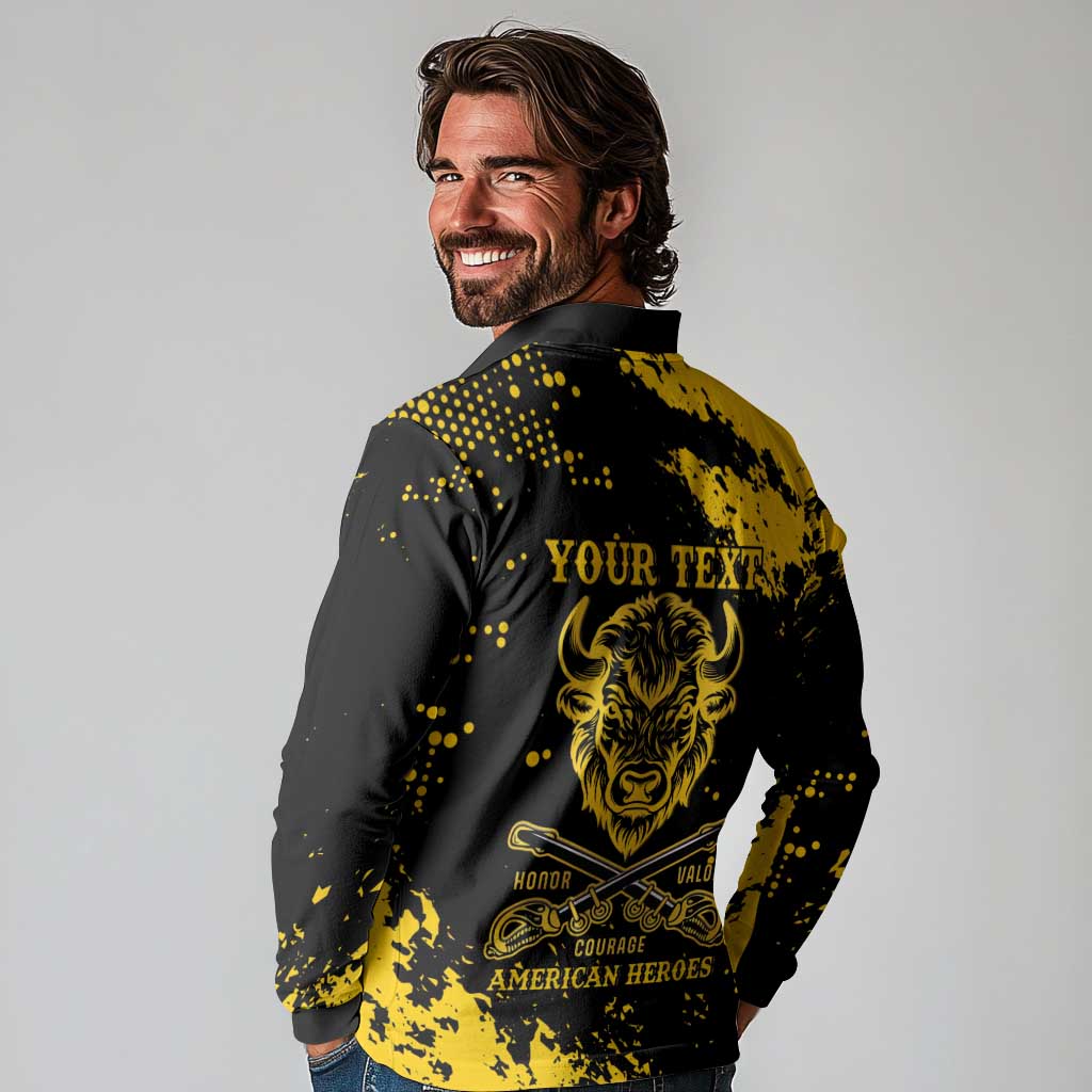 Personalized Bison Buffalo Soldiers Long Sleeve Polo Shirt American Heroes - Black Grunge Style - Wonder Print Shop