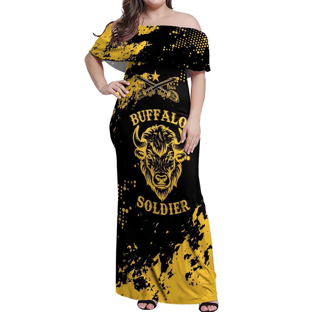 Personalized Bison Buffalo Soldiers Off Shoulder Maxi Dress American Heroes - Black Grunge Style - Wonder Print Shop