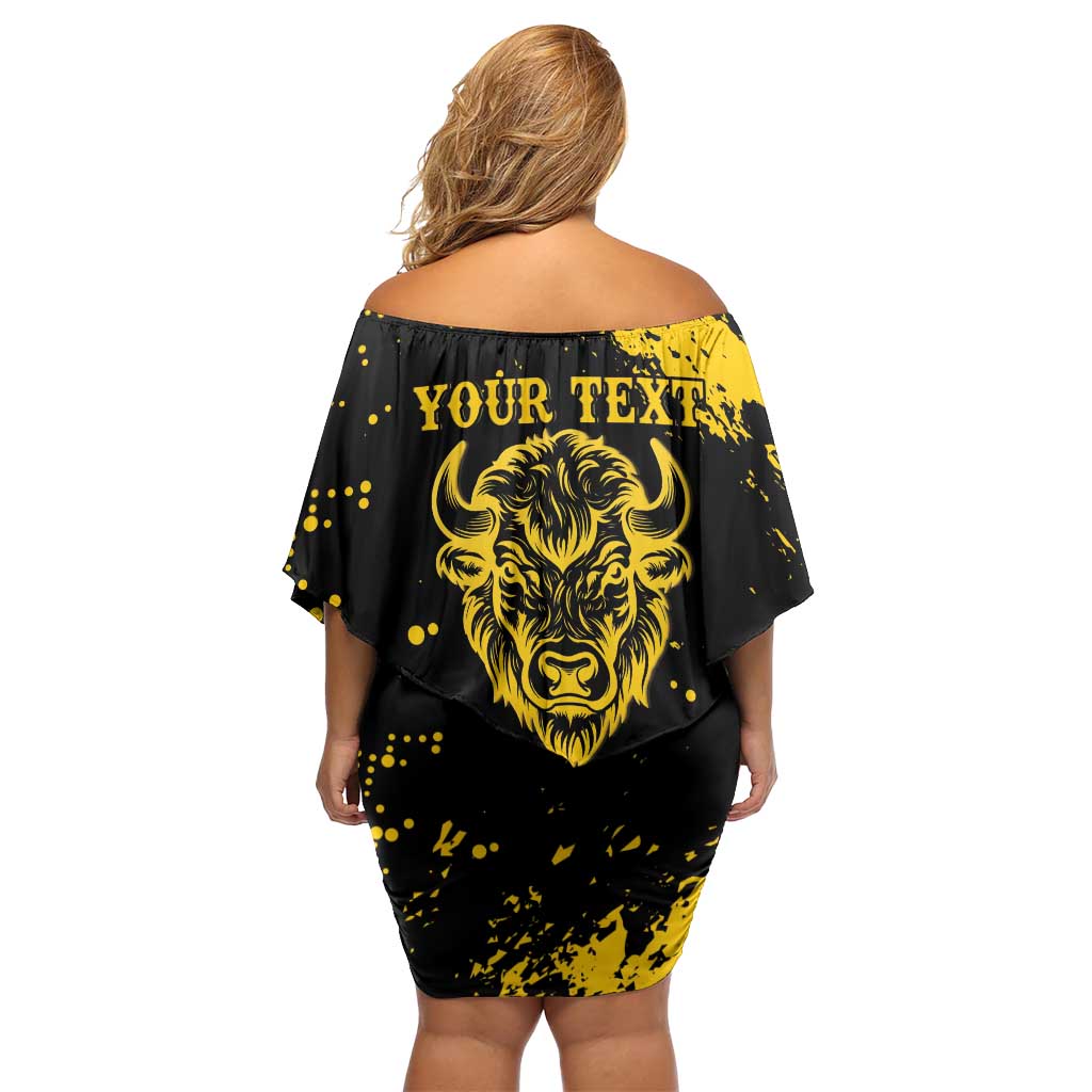 Personalized Bison Buffalo Soldiers Off Shoulder Short Dress American Heroes - Black Grunge Style - Wonder Print Shop