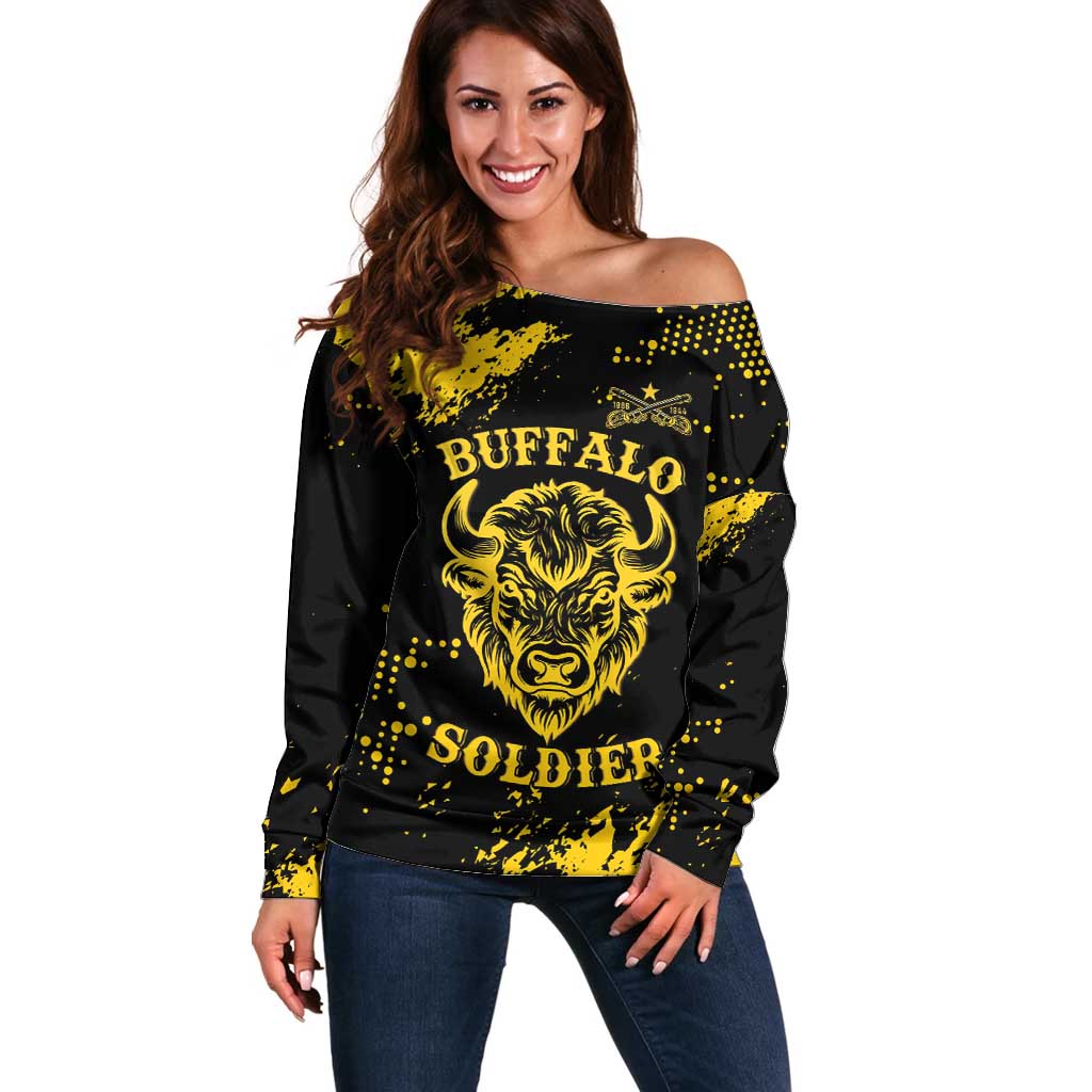 Personalized Bison Buffalo Soldiers Off Shoulder Sweater American Heroes - Black Grunge Style - Wonder Print Shop