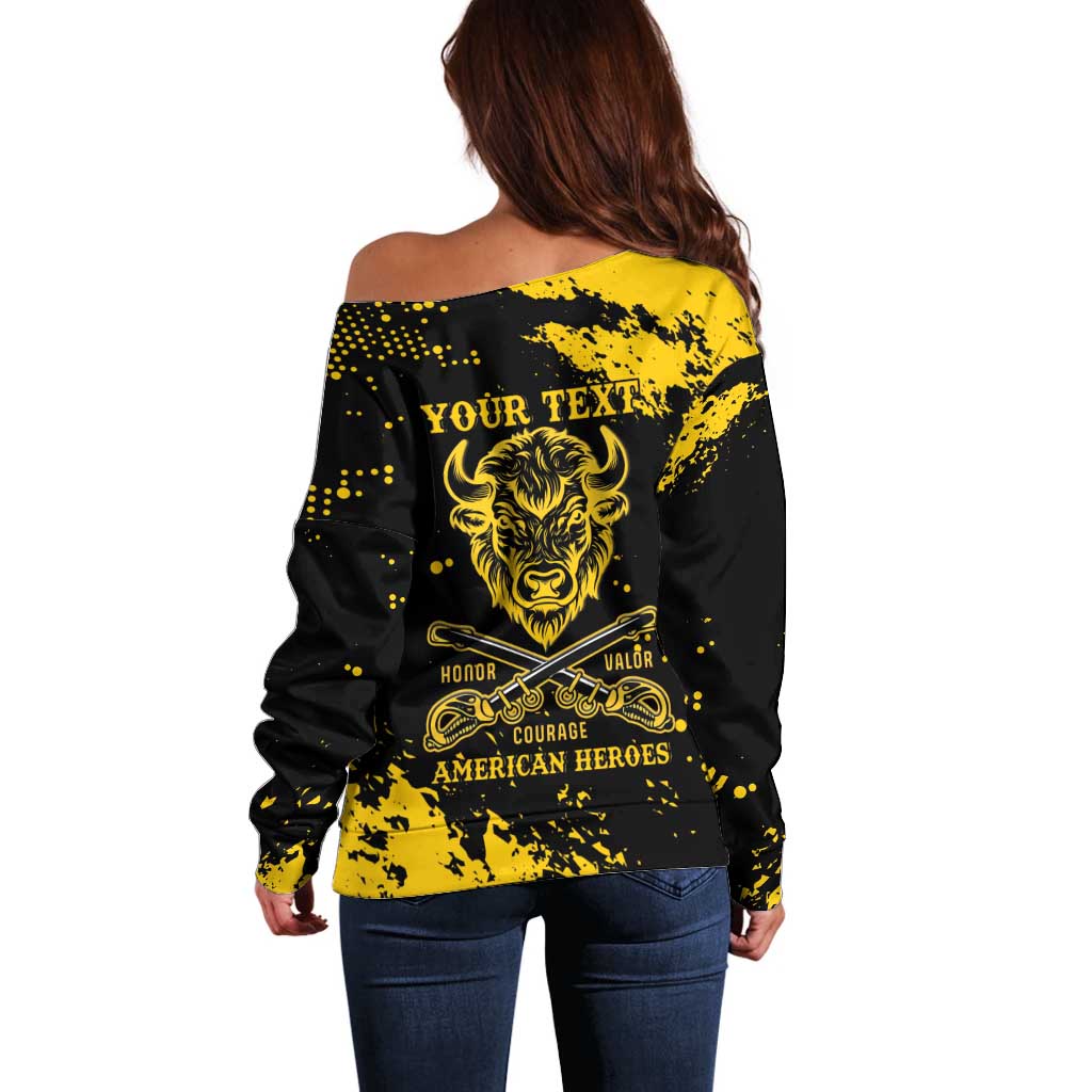 Personalized Bison Buffalo Soldiers Off Shoulder Sweater American Heroes - Black Grunge Style - Wonder Print Shop