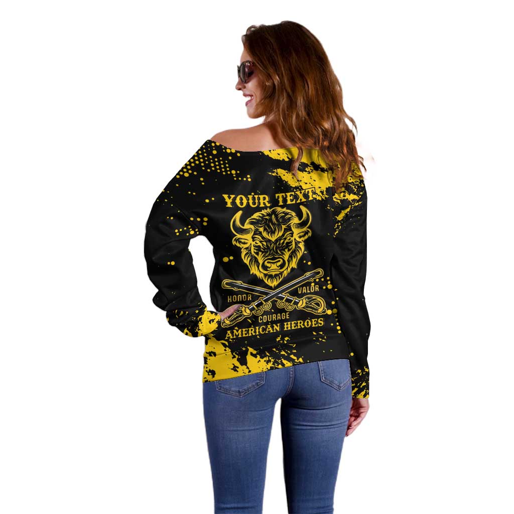 Personalized Bison Buffalo Soldiers Off Shoulder Sweater American Heroes - Black Grunge Style - Wonder Print Shop