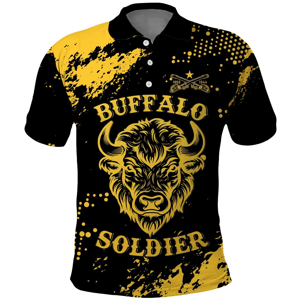 Personalized Bison Buffalo Soldiers Polo Shirt American Heroes - Black Grunge Style - Wonder Print Shop