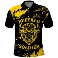 Personalized Bison Buffalo Soldiers Polo Shirt American Heroes - Black Grunge Style - Wonder Print Shop