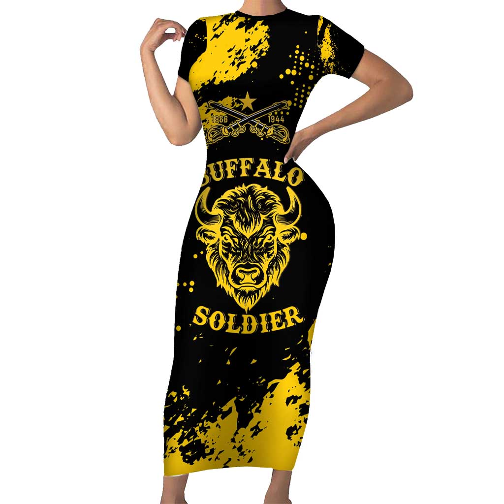 Personalized Bison Buffalo Soldiers Short Sleeve Bodycon Dress American Heroes - Black Grunge Style - Wonder Print Shop