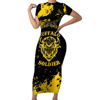 Personalized Bison Buffalo Soldiers Short Sleeve Bodycon Dress American Heroes - Black Grunge Style - Wonder Print Shop