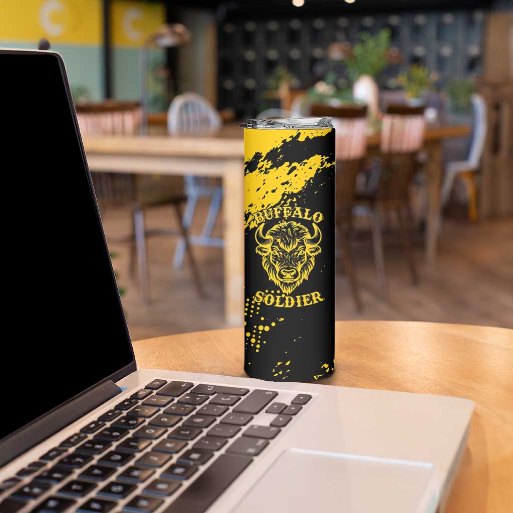 Personalized Bison Buffalo Soldiers Skinny Tumbler American Heroes - Black Grunge Style - Wonder Print Shop